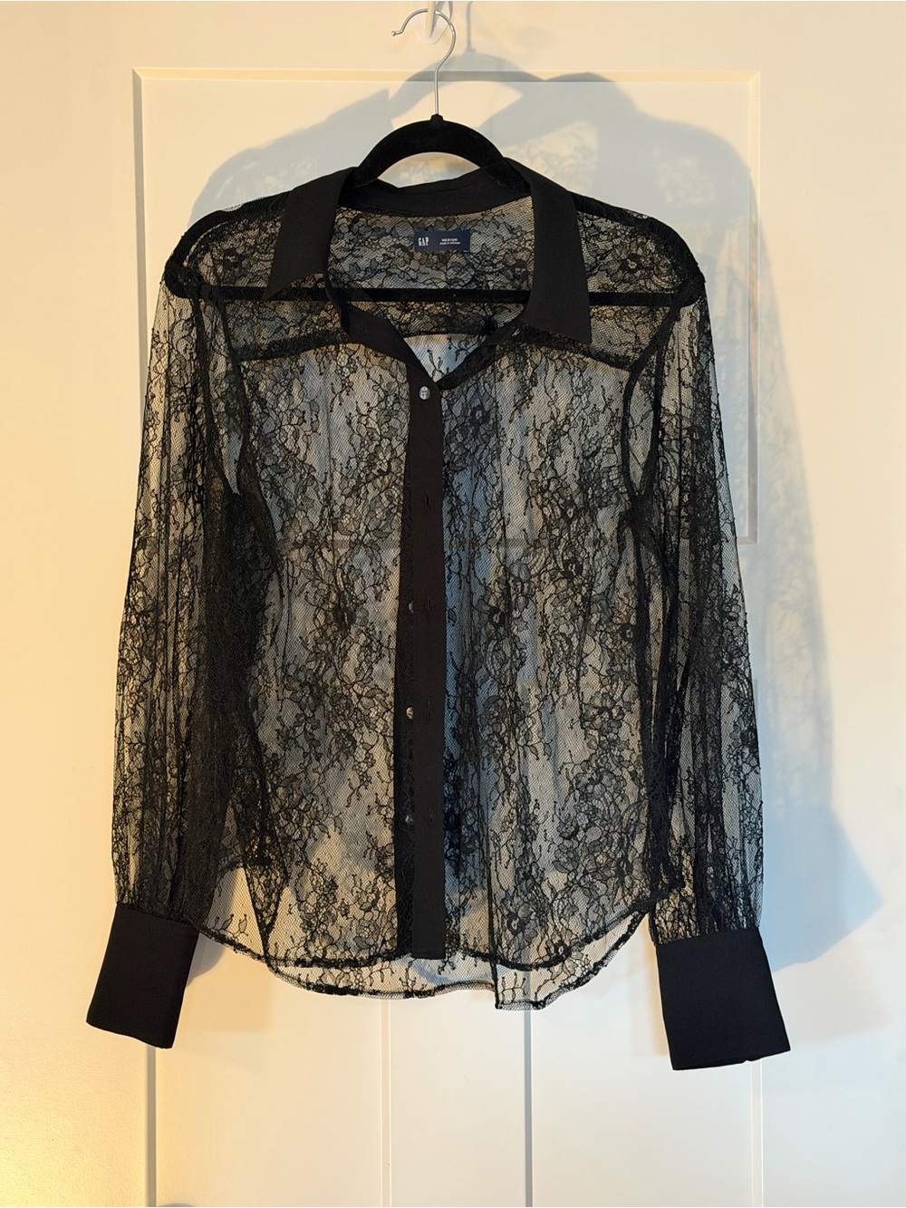 GAP Black Sheer Lace Button-Down Blouse